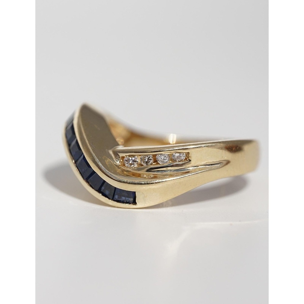 VIntage 14k Solid Yellow Gold Blue Sapphire & High Quality Diamond Ring Baguette - Picture 7 of 8